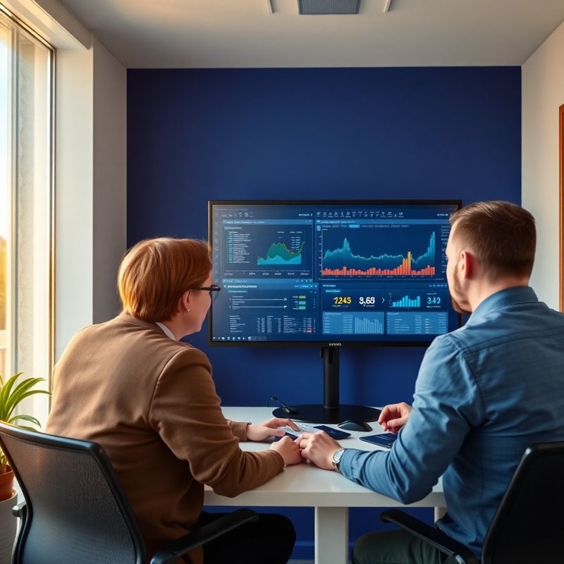 Novináři procházejí data na velkém monitoru v moderní kanceláři ve Zlíně